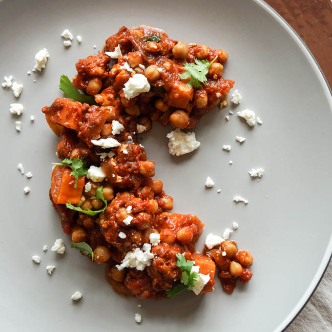 oven baked chorizo with sweet potato and chickpeas