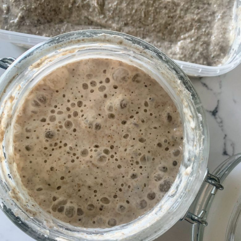 sourdough starter made using strong white flour and rye flour mixed together with water. The basis of all sourdough loaves.